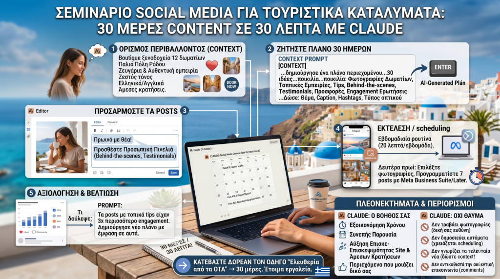 info Social Media για Τουριστικά Καταλύματα- 30 Μέρες Content σε 30 Λεπτά με Claude